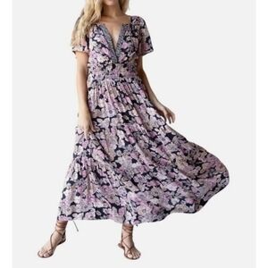 Natural Life Bella Black Floral Maxi Women's L Cottagecore Garden Girl Whimsy